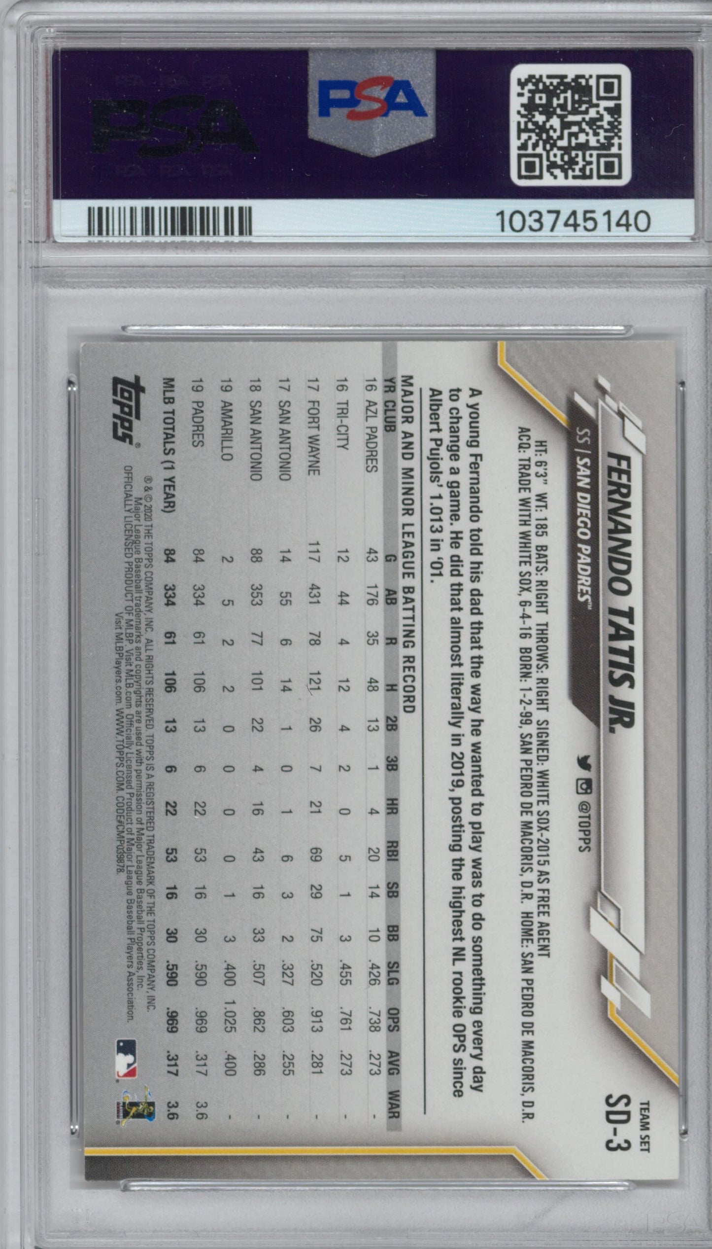 2020 Topps Team Set Fernando Tatis Jr. PSA 9